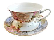 Xícara De Chá Porcelana com Pires Desenho Floral Fio Dourado 200ml Luxo - Wincy