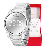 Relógio de Pulso Feminino Champion Digital Espelhado Prata CH40124S Colar e Brincos - 