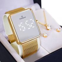 Relógio Feminino Champion Digital Espelhado Dourado CH40080B Colar e Brincos - 