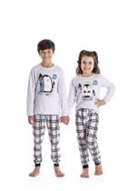 001 - Pijama Longo Feminino Juvenil - Família Pinguim Branco