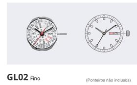 01 Mecanismo GL02 fino e exibição de data e dia na posição 3h 01 Mecanismo GL02 fino e exibição de data e dia na posição 3h