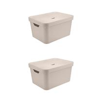 02 Caixa Organizadora Cesto 32 Litros Com Tampa - Ou - Bege