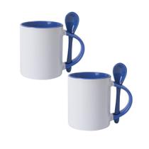 02 Canecas Para Sublimação de Cerâmica Branca Com Colher E Interior Azul Lilás de 325ml