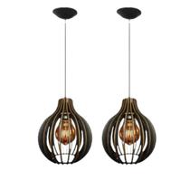 02 Pendentes Luminária De Teto Moderno Área Gourmet Madeira Preto Modelo Coquinho