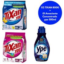 02 Sabão Lava Roupas em Pó Tixan 800g +01 Amaciante de Roupas Concentrado Ypê 500ml 02 Sabão Lava Roupas em Pó Tixan 800g +01 Amaciante de Roupas Concentrado Ypê 500ml