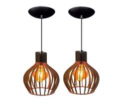 02 Unidades Pendente de Teto Luminária Retrô Rustica De Madeira Cor Marrom