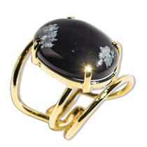 03 Anéis de Obsidiana Flocos de Neve Cabochão Oval Pequeno Dourado - Pacote Atacado