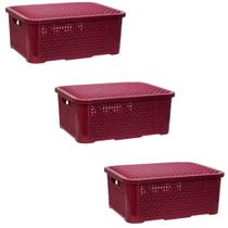03 Caixa Organizadora Rattan 10 Litros Empilhavel com tampa Kit Cesto Organizador