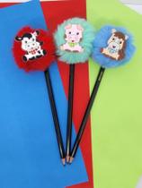 03 Lápis de escrever pompom animais fazendinha material escolar papelaria presente lembrancinha