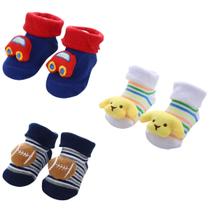 03 pares Meia Infantil Bebê Pantufa Antiderrapante 3D Menino