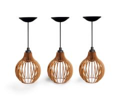 03 Pendentes Coquinho De Madeira Mdf Cor Cru Para Balcão De Cozinha
