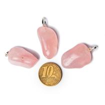 03 Pingente Pedrinha Quartzo Rosa Montagem Prata 950 Atacado
