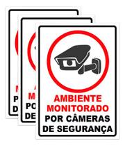 03 Placas Aviso Ambiente Monitorado Por Cameras 30x20cm Branco