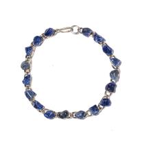 03 Pulseira Corrente Pedra Colada Sodalita Azul Natural Rolada Montagem Banho Prateado