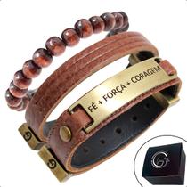 03 Pulseiras de Couro FÉ FORÇA CORAGEM Marrom Trail Madeira Ajustável
