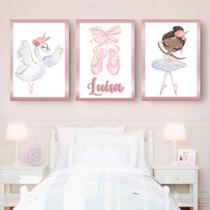 03 Quadros Decorativos Infantil Bailarina Baby com Moldura Quarto de Bebê ou Menina Personalizado