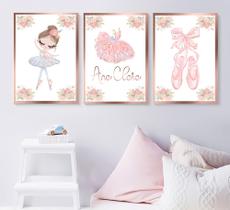 03 Quadros Decorativos Infantil Bailarina Baby com Moldura Quarto de Bebê ou Menina Personalizado