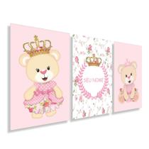 03 Quadros Decorativos Ursa Rosa princesa Com o nome da sua Filha Enxoval de bebê