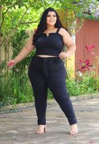 037 - Conjunto Plus size Canelado - 3 peças, calça, cinto e cropped