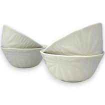 04 Bowl Tigela Cumbuca Cerâmica Relevo Floral Branca Grande