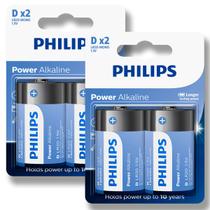 04 Pilhas Bateria D Philips Grande Alcalina LR20 2 Cartelas