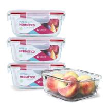 04 Potes Hermético Vidro Quadrado Freezer E Microondas 800ml
