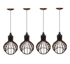 04 Unidades Pendente de Teto Luminária Retrô Vintage De Madeira Cor Marrom