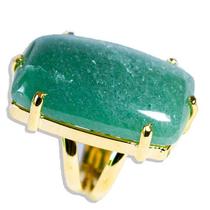 05 Anel de Quartzo Verde Cabochão Retangular Dourado com Aro Ajustável