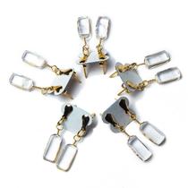 05 Brinco Pedra Cristal Retângulo Ranhurado Dourado Atacado