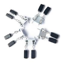 05 Brinco Pedra Obsidiana Negra Retângulo Ranhurado Prateado