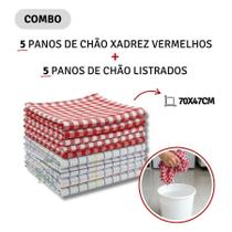 05 Panos Chão Listrados + 05 Sacos De Chão Xadrez Vermelho
