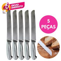 05 Un Faca Pão 8" Aço Inox Premium Escovado Cabo Interiço 32cm Lâmina Serrilhada Profissional