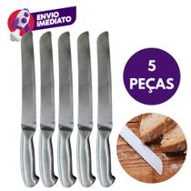 05 Un Faca Pão Aço Inox Premium Escovado 8" Cabo Interiço 32cm Lâmina Serrilhada Profissional