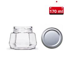 05 Un. Pote de vidro sextavado 170 ml com tampa e lacre