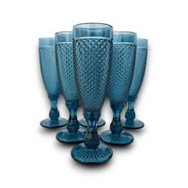 06 Taças Flute Champanhe Decorada Bico de Jaca Azul em Vidro