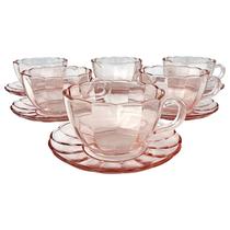 06 Xícaras Chá Pires 240ml Peach Vidro Canelado Mesa Posta