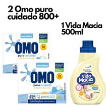 1 Amaciante de Roupas Bebe Vida Macia + 2 Omo Puro Cuidado 800g Lavanderia para Bebe