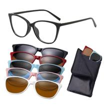 1 Armação De Óculos Feminino Sem Grau + 5 Lentes Clip On De Sol Para Trocar as Lentes Com Proteção UV