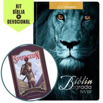 1 Bíblia Sagrada Evangélica do Varão Leão Azul Capa Dura Letra Gigante Versão NVI + 1 Devocional Spurgeon Semanal