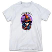 1 Camiseta Festa Halloween Dia das Bruxas Rosto Bruxa Lilás
