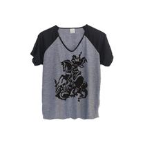 1 Camiseta São Jorge Babylook Raglan Santo Dragão Preto Personalizada