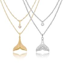 1 colar duplo feminino rabo de sereia cauda baleia prateada com ponto de luz corrente 2 camadas