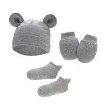 1 Conjunto Baby Soft Cotton Anti Scratching Gloves Tail Knot Hat Foot Cover Socks Set - Cinza