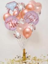 1 Kit Balão Surpresa / Pedido de Casamento 15 Peças com Aliança 45 cm e tema Rosê - Noiva - Copos Bolha