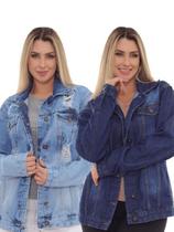 1 KIT Feminino 2 Peças - Jaqueta Oversized Jeans Simples e Jaqueta Oversized Jeans Claro Lazúli com Rasgos