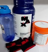 1 Kit max titanium - top whey 3W sabor baunilha + 2hot sabor tangerina + garrafa + luva