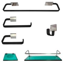 1 Kit Para Banheiro Cairo Cristal Preto Prata Reto