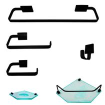 1 Kit Para Banheiro Luxo Cairo Preto Vidro Sextavado Incolor 1 Kit Para Banheiro Luxo Cairo Preto Vidro Sextavado Incolor