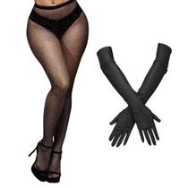 1 Meia Calça Arrastão Com Strass + 1 Luva Preta Cetim Extra Longa 53 cm