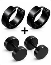 1 Par Brinco Argola 4mm 1 Par Falso Alargador 8mm Aço inoxidavel Preto unissex masculino masculina feminina feminino